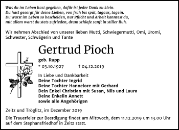 Traueranzeige von Gertrud Pioch von Super Sonntag Zeitz