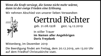Traueranzeige von Gertrud Richter von Super Sonntag Wittenberg
