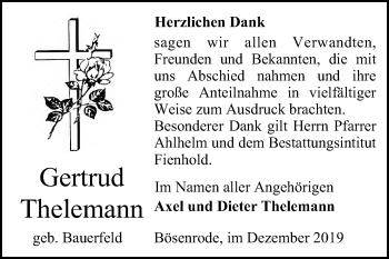 Traueranzeige von Gertrud Thelemann von Wochenspiegel Sangerhausen