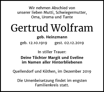 Traueranzeige von Gertrud Wolfram von Mitteldeutsche Zeitung Köthen