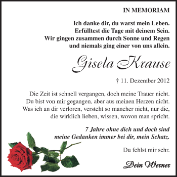 Traueranzeige von Gisela Krause von Wochenspiegel Aschersleben