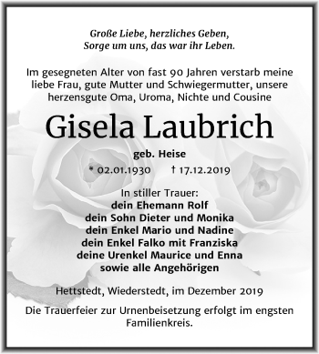 Traueranzeige von Gisela Laubrich von Wochenspiegel Mansfelder Land