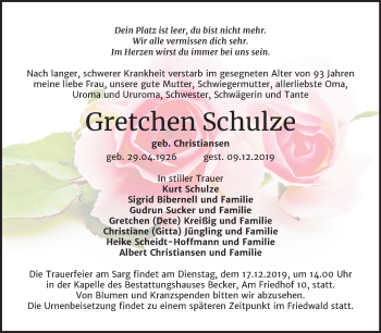 Traueranzeige von Gretchen Schulze von Mitteldeutsche Zeitung Sangerhausen