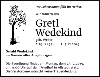 Traueranzeige von Gretl Wedekind von Mitteldeutsche Zeitung Sangerhausen