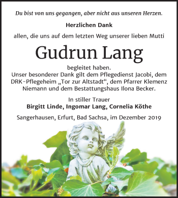 Traueranzeige von Gudrun Lang von Mitteldeutsche Zeitung Sangerhausen