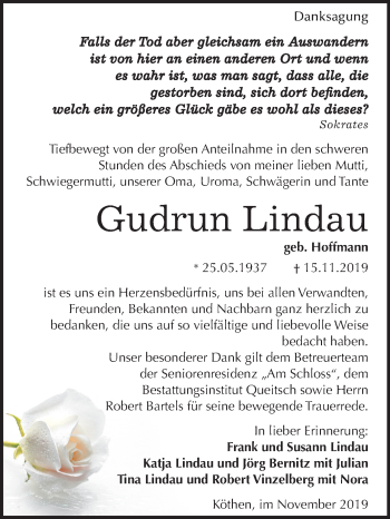 Traueranzeige von Gudrun Lindau von Mitteldeutsche Zeitung Köthen