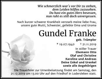 Traueranzeige von Gundel Franke von Super Sonntag Merseburg/Querfurt