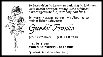 Traueranzeige von Gundel Franke von Mitteldeutsche Zeitung Merseburg/Querfurt