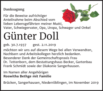 Traueranzeige von Günter Doll von Mitteldeutsche Zeitung Sangerhausen