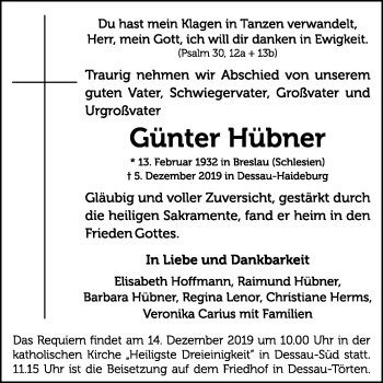 Traueranzeige von Günter Hübner von Mitteldeutsche Zeitung Dessau-Roßlau