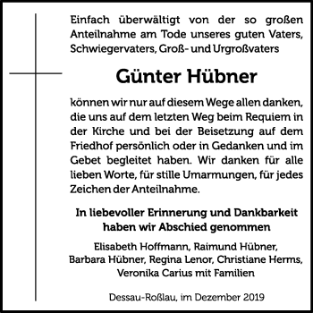 Traueranzeige von Günter Hübner von Super Sonntag Dessau-Roßlau