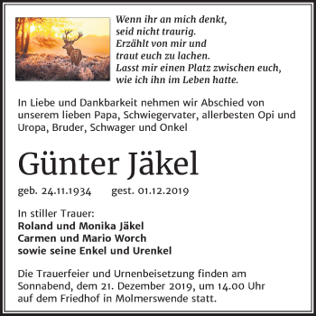 Traueranzeige von Günter Jäkel von Super Sonntag Mansfelder Land