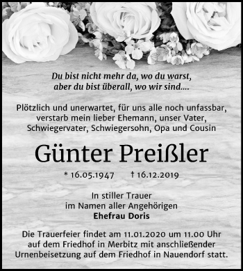 Traueranzeige von Günter Preißler von Mitteldeutsche Zeitung Halle/Saalkreis