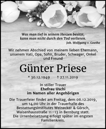 Traueranzeige von Günter Priese von Mitteldeutsche Zeitung Bernburg