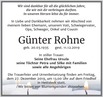 Traueranzeige von Günter Rohne von Wochenspiegel Mansfelder Land