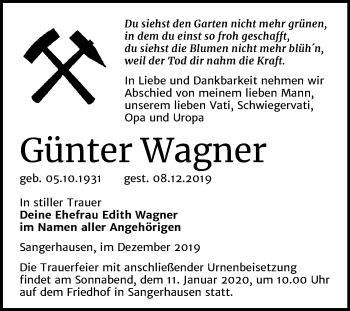 Traueranzeige von Günter Wagner von Mitteldeutsche Zeitung Sangerhausen
