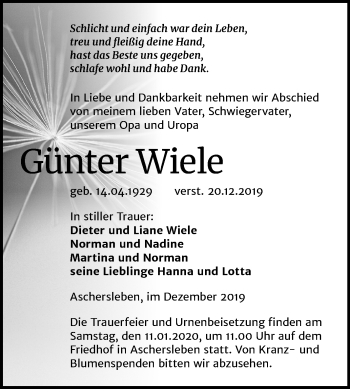 Traueranzeige von Günter Wiele von Super Sonntag Dessau-Roßlau