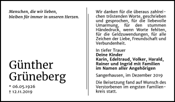 Traueranzeige von Günther Grüneberg von Mitteldeutsche Zeitung Sangerhausen