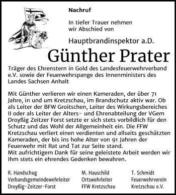 Traueranzeige von Günther Prater von Mitteldeutsche Zeitung Zeitz
