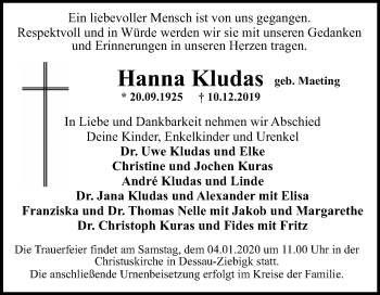 Traueranzeige von Hanna Kludas von Mitteldeutsche Zeitung Dessau-Roßlau