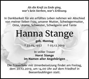 Traueranzeige von Hanna Stange von Mitteldeutsche Zeitung Bernburg
