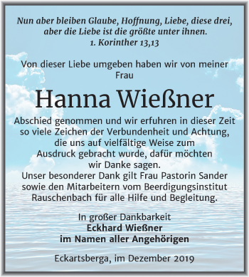 Traueranzeige von Hanna Wießner von Mitteldeutsche Zeitung Naumburg/Nebra