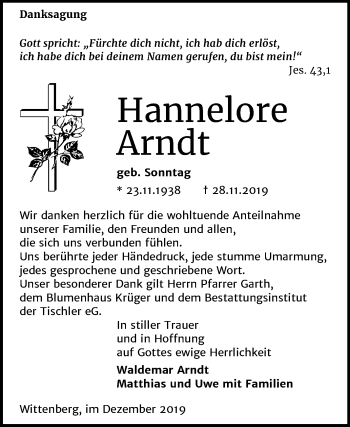 Traueranzeige von Hannelore Arndt von Super Sonntag Wittenberg