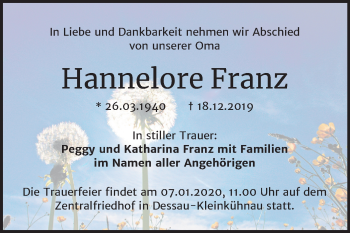Traueranzeige von Hannelore Franz von Super Sonntag Dessau-Roßlau