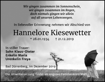 Traueranzeige von Hannelore Kiesewetter von Mitteldeutsche Zeitung Merseburg/Querfurt