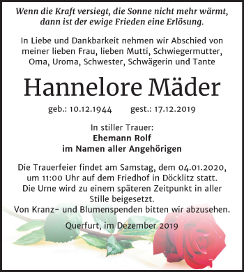 Traueranzeige von Hannelore Mäder von Mitteldeutsche Zeitung Merseburg/Querfurt