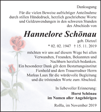Traueranzeige von Hannelore Schönau von Mitteldeutsche Zeitung Sangerhausen