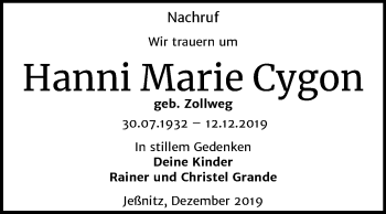 Traueranzeige von Hanni Marie Cygon von Mitteldeutsche Zeitung Bitterfeld