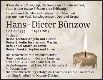 Traueranzeige von Hans-Dieter Bünzow von Super Sonntag Dessau-Roßlau
