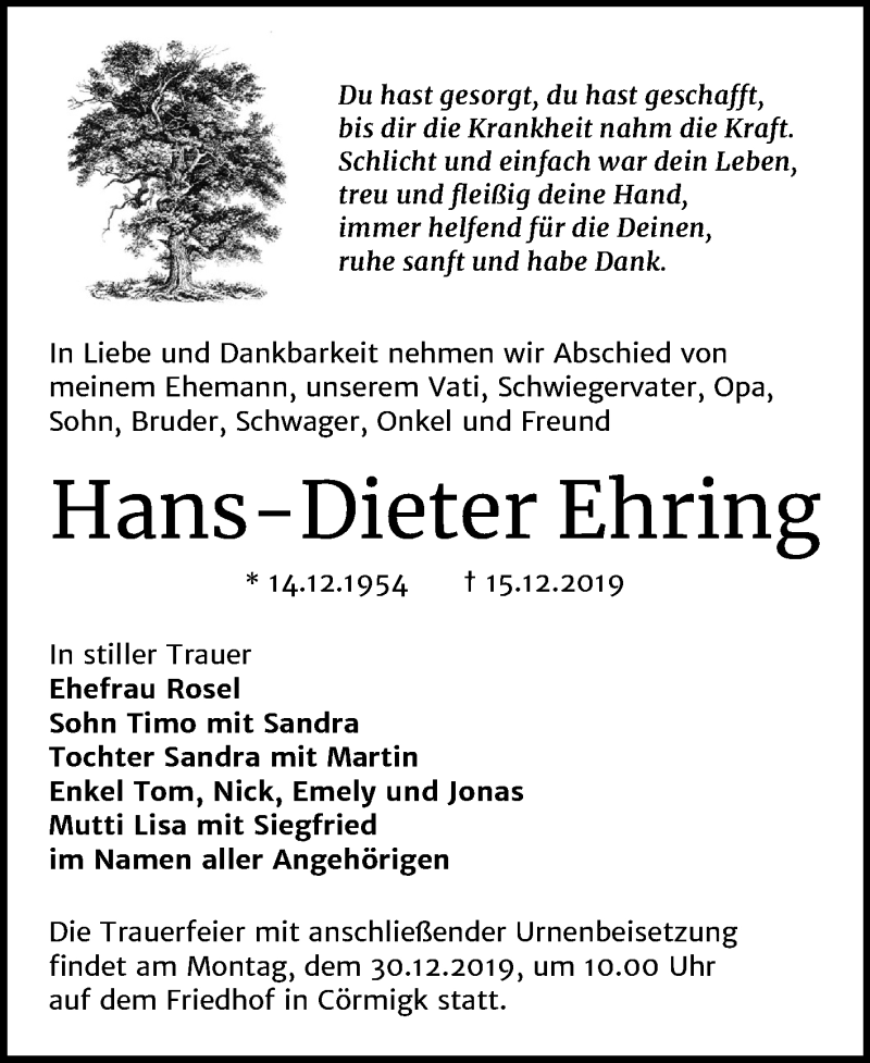  Traueranzeige für Hans-Dieter Ehring vom 21.12.2019 aus Super Sonntag Bernburg
