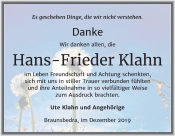 Traueranzeige von Hans-Frieder Klahn von Super Sonntag Merseburg/Querfurt