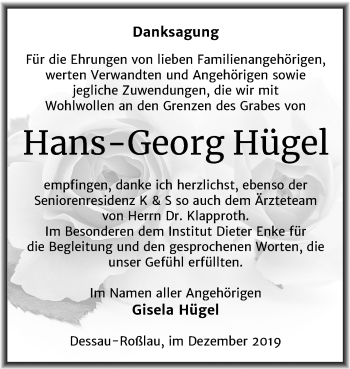 Traueranzeige von Hans-Georg Hügel von Mitteldeutsche Zeitung Dessau-Roßlau