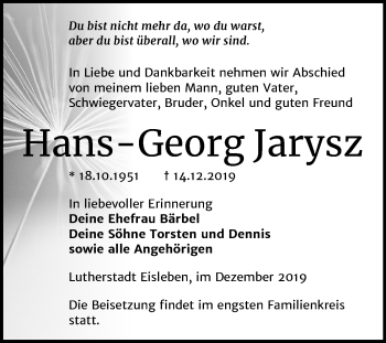 Traueranzeige von Hans-Georg Jarysz von Mitteldeutsche Zeitung Mansfelder Land