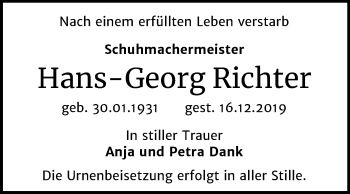 Traueranzeige von Hans-Georg Richter von Super Sonntag Dessau-Roßlau