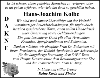 Traueranzeige von Hans-Joachim Kolbe von Super Sonntag Dessau-Roßlau