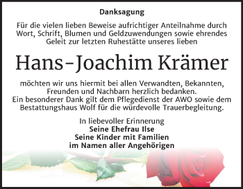 Traueranzeige von Hans-Joachim Krämer von Wochenspiegel Weißenfels
