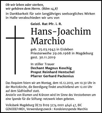 Traueranzeige von Hans-Joachim Marchio von Mitteldeutsche Zeitung Halle/Saalkreis