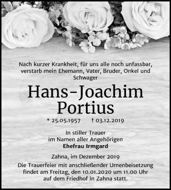 Traueranzeige von Hans-Joachim Portius von Super Sonntag Wittenberg