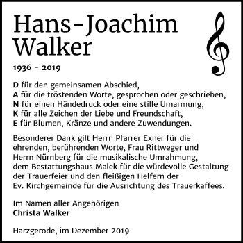 Traueranzeige von Hans-Joachim Walker von Mitteldeutsche Zeitung Quedlinburg