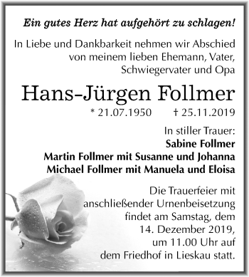 Traueranzeige von Hans-Jürgen Follmer von Mitteldeutsche Zeitung Halle/Saalkreis