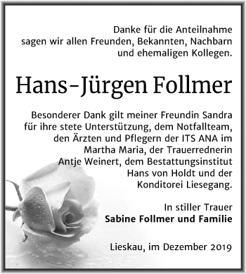Traueranzeige von Hans-Jürgen Follmer von Mitteldeutsche Zeitung Halle/Saalkreis