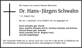 Traueranzeige von Hans-Jürgen Schwahn von Mitteldeutsche Zeitung Dessau-Roßlau