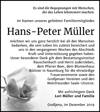 Traueranzeige von Hans-Peter Müller von Mitteldeutsche Zeitung Naumburg/Nebra