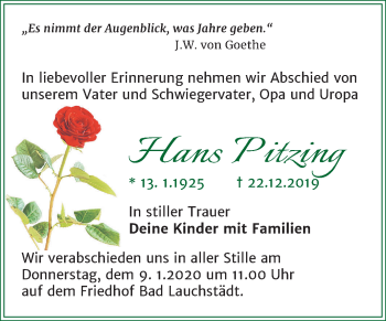 Traueranzeige von Hans Pitzing von Mitteldeutsche Zeitung Weißenfels