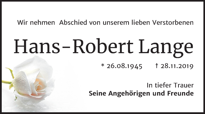  Traueranzeige für Hans-Robert Lange vom 11.12.2019 aus Wochenspiegel Naumburg/Nebra