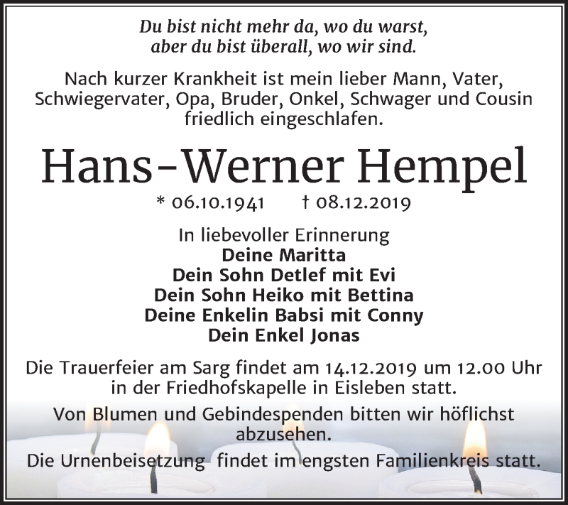  Traueranzeige für Hans-Werner Hempel vom 12.12.2019 aus Mitteldeutsche Zeitung Mansfelder Land